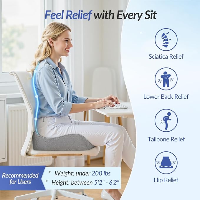 ZIKEE Pioneering Seat Cushion for Pressure Relief, Ergonomic Office Chair Cushion for Sciatica, Back, Hemorrhoids & Tailbone Pain Relief, High-Density Memory Foam Car Seat Cushion with Anti-Slip Base
