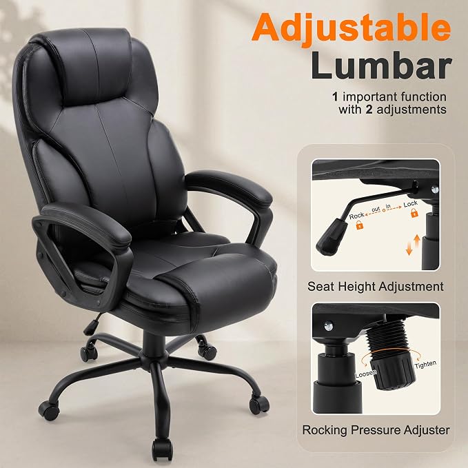 Shintenchi High Back Executive Office Chair, Ergonomic PU Computer Desk Chair with 3-Level Tilt, Padded Armrests 360° Swivel Free Task Chairs for Home Office, 330 Pound Capacity, Black