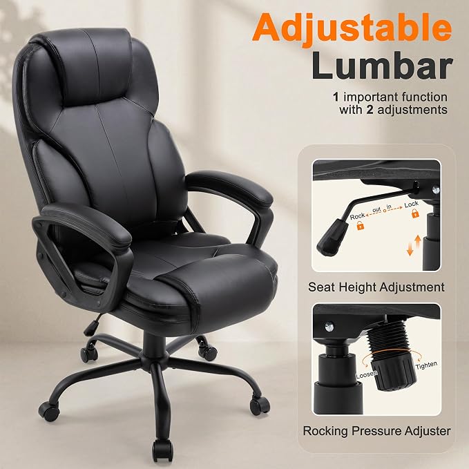 Shintenchi High Back Executive Office Chair, Ergonomic PU Computer Desk Chair with 3-Level Tilt, Padded Armrests 360° Swivel Free Task Chairs for Home Office, 330 Pound Capacity, Black