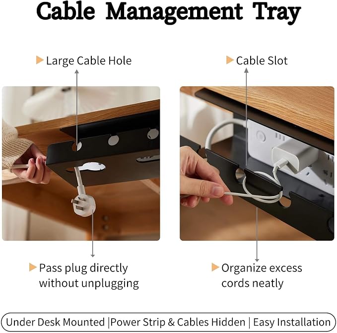 Ovanmexis Under Desk Cable Management Tray, White, 2-Pack | Quick-Release Mount, Snap-On Tool-Free, Includes Magnetic Cable Clips & Straps, No Drill Hidden Base