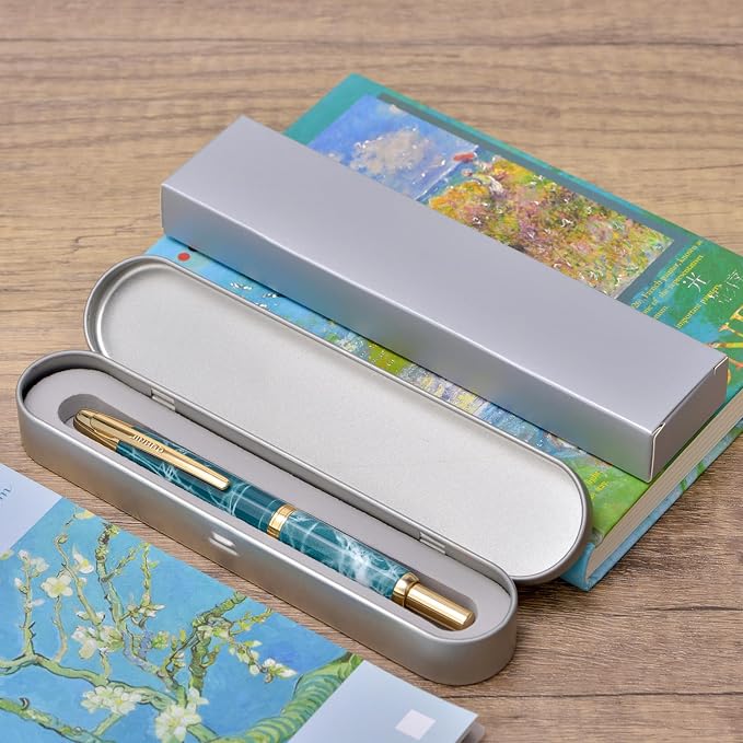 Jinhao 10 Press Fountain Pen with Box, Marble Blue Retractable Fine Nib with Ink Converte Set (Golden Clip)