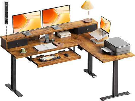 OffiGo 59 Inch L Shaped Electric Standing Desk with Drawers, Rustic Brown | Monitor Stand, Keyboard Tray, Fabric Drawer, Power Outlets, Height Adjustable Corner Stand Up Desk for Organized Home Office