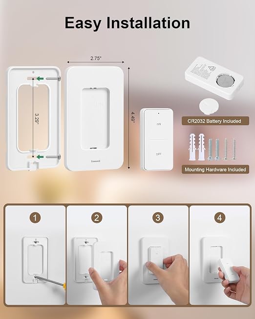 Remote Control Outlet Wireless Wall Switch, 200FT RF Range, Mini Electrical Outlet Plug, 15A/1875W High-Power for Lamps, Lights, Household Appliances, ETL Listed (2 Switches and 1 Outlet)