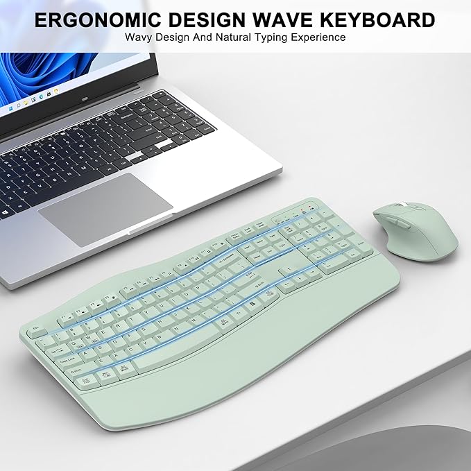 Wireless Keyboard and Mouse Combo, 2.4G Full Size Wave Keys Ergonomic Keyboard with Wrist Rest and 3-Level DPI Adjustable Wireless Ergonomic Mouse for Windows, Mac OS Desktop/Laptop/PC(Avocado Green)