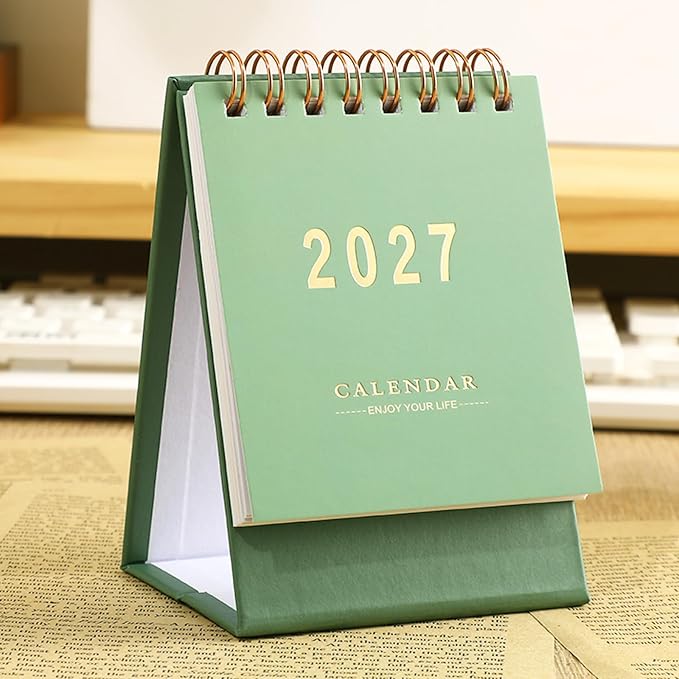 Mini Desk Calendar 2026-2027 - Runs From July 2026 until Dec 2027 Monthy Small Desktop Calendar 250 GSM Thick Paper Twin-Wire Binding for Home or Office (Green)