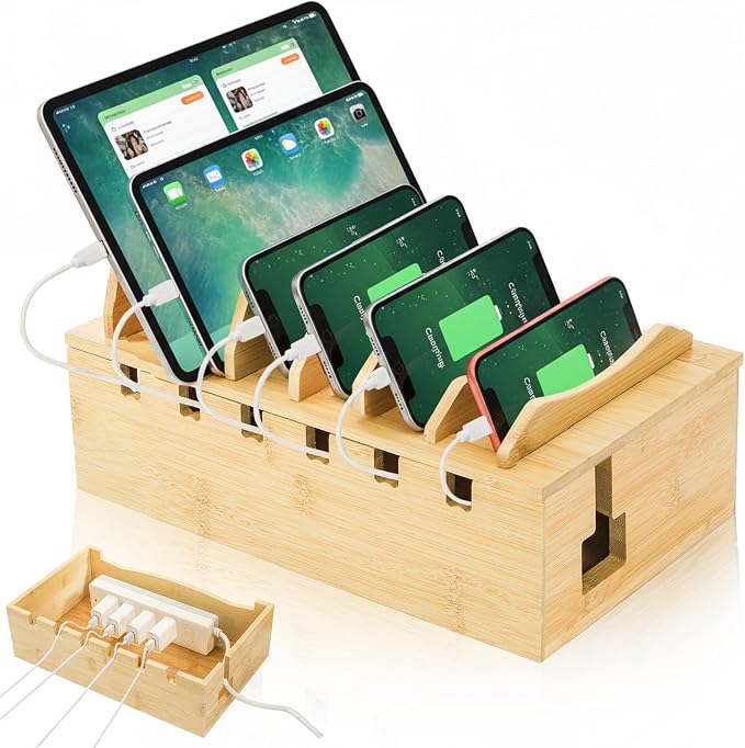 WRINGKIT Bamboo Charging Station for Multiple Devices, Hold 6 Devices | Desktop Charging Docking Stations Organizer with Removable Divider Slots, Compatible with Tablets, iPads, Cell Phone, Laptop