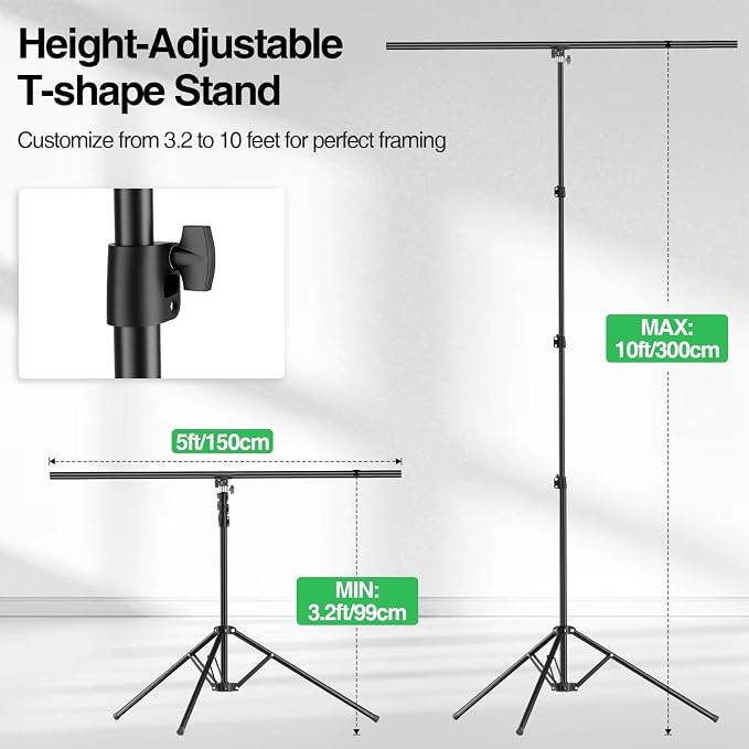 5x10ft Green Screen Backdrop Kit with Stand, Portable Greenscreen Background Includes Foldable T-Stand, 6 Clips and Carry Bag for Streaming, Gaming, Meeting, Video Production, Photography