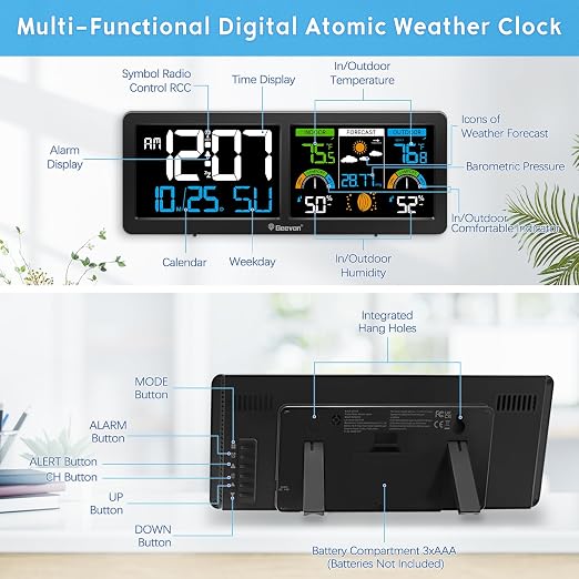 Geevon Weather Stations Wireless Indoor Outdoor Thermometer with Atomic Clock, HD Color Display Digital Temperature Humidity Monitor with Barometer, Comfort Indicator, and Adjustable Backlight