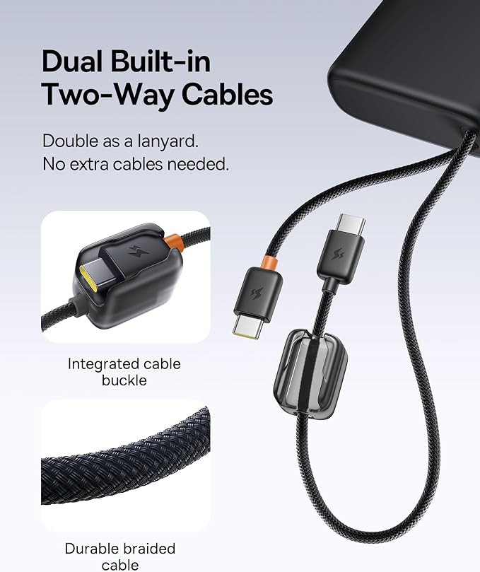 Baseus 25000mAh Power Bank, CCC Certified 145W Laptop Portable Charger with Dual Built-in USB-C Cables, PD3.1 Fast Charging Battery Pack for MacBook Pro/Air,iPhone 17/16 Series Galaxy S25/S24