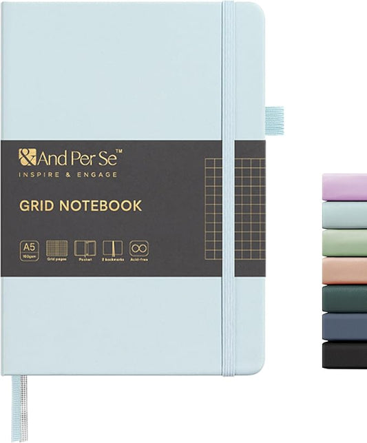 &And Per Se Graph Notebook, 5mm Grid, A5 Hardcover, 160 Pages 100gsm Thick Paper, Grid Journal for Diagrams, Wireframes, CAD Sketches (Cyan)