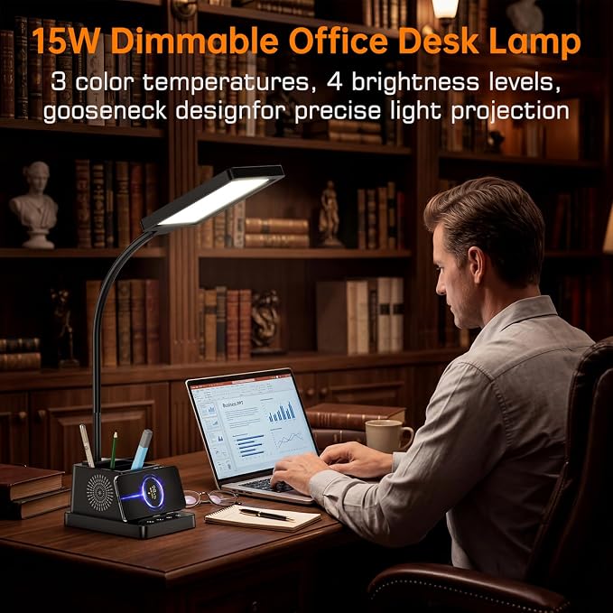 cozoo LED Desk Lamp for Home Office, 15W Bright Desk Light with Wireless Charger Pen Holder, Gooseneck Small Table Lamp for Bedroom, Study, Reading, Work, Task, Craft, College Dorm Room Accessories