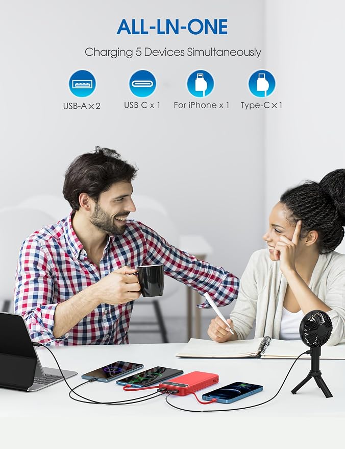 Nusyddy Portable Charger 12000mAh 22.5W w/Built-in Cables & Wall Plug Red | 22.5W Fast Charging, LED Display, Pass Through Charging, TSA Approved, Portable & Slim, Power Bank for iPhone, iPad, Samsung