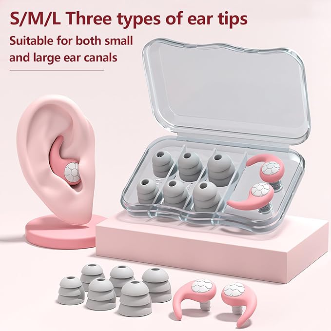 Noise Cancelling Ear Plugs for Sleeping - Pink Comfortable Reusable Silicone Earplugs for Sleep 24dB Noise Reduction Snoring and Studying Travel Concerts Hearing Protection with 3Tips and Storage Box
