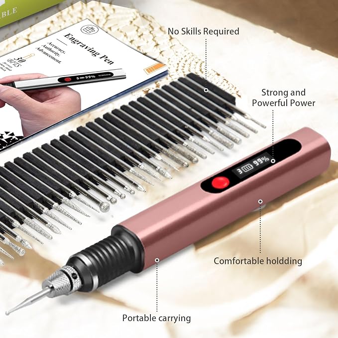TUBINOONE Engraving Pen, Ultimate Cordless Portable Tool for Artists & DIYers - Engrave 50+ Surfaces - Beginner Friendly - Rechargeable - Free 30 Bits & Mastery Guide & Stencils (Brown)