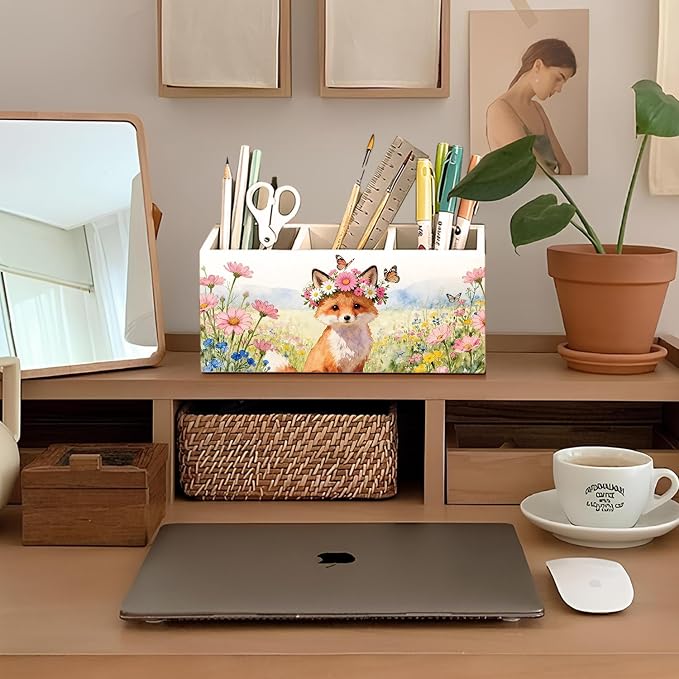 Fox Pen Pencil Holder for Desk Accessories, Fox Gifts for Women, Animal Lovers Gifts, Rustic Butterfly Flower Wild Animal Wooden Box Sign Decorations for Kids Room Home Office Desk Tabletop