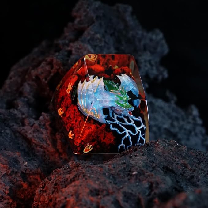 Blue Dragon Artisan Keycap with Volcano - 1U ESC, R1 SA Profile Custom Handmade Resin Cherry MX Switch Key Cap Mechanical Keyboard, Cool Tech Gifts for Men, Dad, Father, Gamer, Space Lover