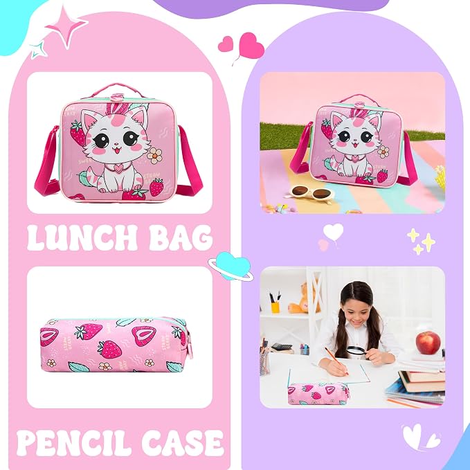 Kids Backpacks for Girls Backpack for School Cute Cat Travel Backpack for Kids with Lunch Box Kawaii Bookbag for Girls Back to School Supplies