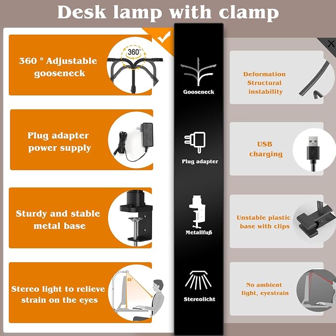 AKRRYR Led Desk Lamp for Home Office,24W Bright Eye-Caring Desk Light with Clamp,5 brightness and 5 temperatures Dimmable Workbench Task Light, Adjustable Gooseneck Table Lamp for Monitor Study(black)