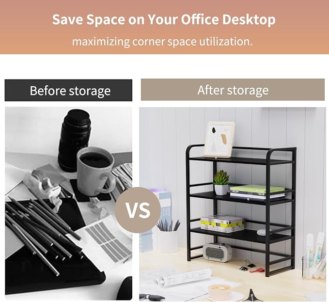 Office Desk Shelf Organizer, Wood Desktop Bookshelf Supplies Storage Rack, Shelf for Top of Desk and Dresser and Cubicle Decor Aesthetic Bookshelf (Black Black, Three Tier, 15.75Lx7.87Wx22.05H)