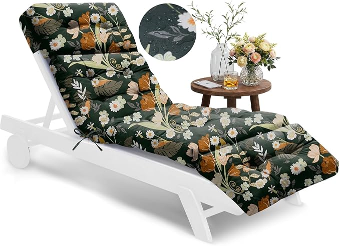 Outdoor Chaise Lounge Chair Cushion Waterproof 74.4 x 22 x 4.7 Inches Memory Foam Lounge Chair Cushions for Outdoor Furniture with Ties, Thickened Pool Lounge Chair Cushion, Green Floral