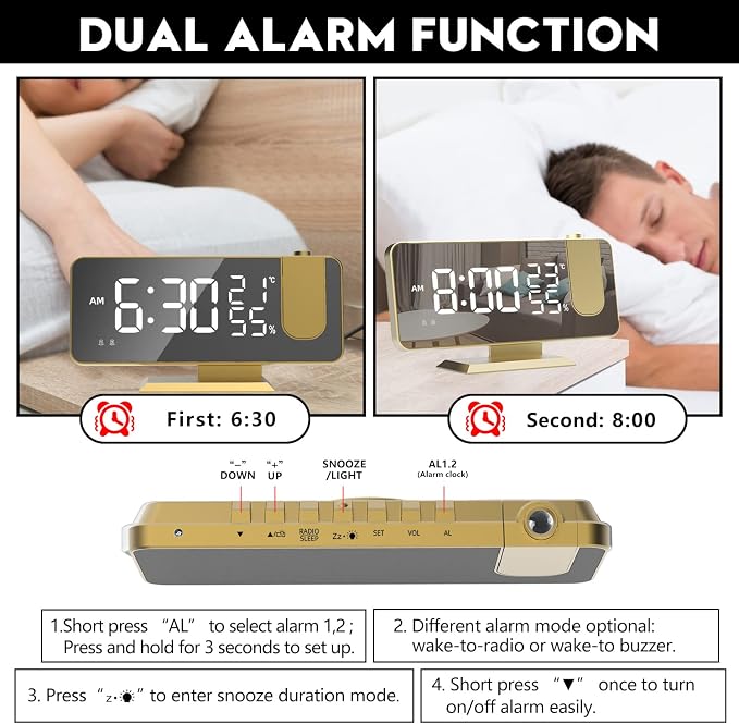 Projection Digital Alarm Clock for Bedrooms, Alarm Clock Radio on Ceiling | USB Charger Port, Temperature & Humidity Display, 7.3” Large Mirror LED Display,12/24H,Snooze,Dual Loud Clock- 4 Dimmer