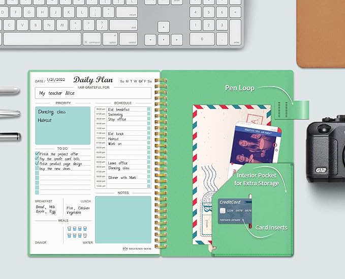 Daily Planner Undated, To Do List Notebook with Hourly Schedule Calendars Meal, Spiral Appointment Organizers Notebook for Man/Women, Pocket,Pen Loop, 160 Pages (7x10")