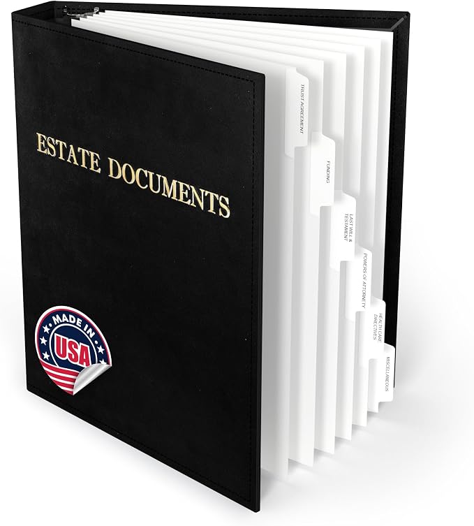 TRS Estate Planning Binder Kit – Pre-Labeled Tabs, Sheet Protectors | 1.5" D-Ring Stitched Faux Leather Organizer for Wills, Trusts, Power of Attorney & End-of-Life Planning | Gold on Black