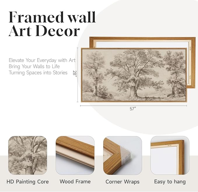 Framed Vintage Landscape Canvas Wall Art for Living Room, Extra Large Horizontal Rustic Tree Botanical Picture Prints Paintings, Neutral Wabi Sabi Artwork Decor for Bedroom Entryway 60x30 Inch