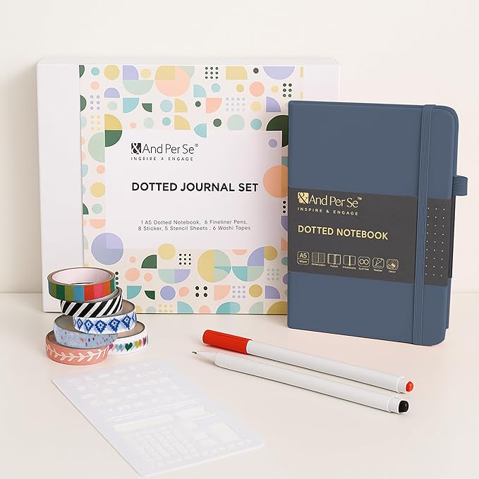 &And Per Se A5 Hardcover Dotted Notebook with 25+ Accessories - 6 Pens, Stickers, Stencils, Washi Tapes & Gift Box Included | Dotted Journal Kit for Beginners, Adults, Premium Gift Set (Dark Blue)
