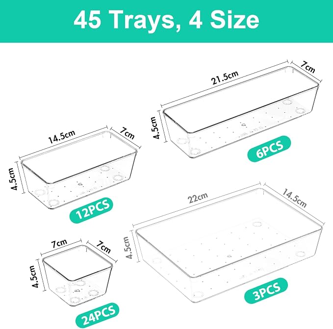 45Pack Makeup Drawer Organizers Set, 4Sizes acrylic desk organizer trays for vanity, bathroom, office, nightstand, junk for kitchen drawer, Versatile plastic drawer divider storage bins