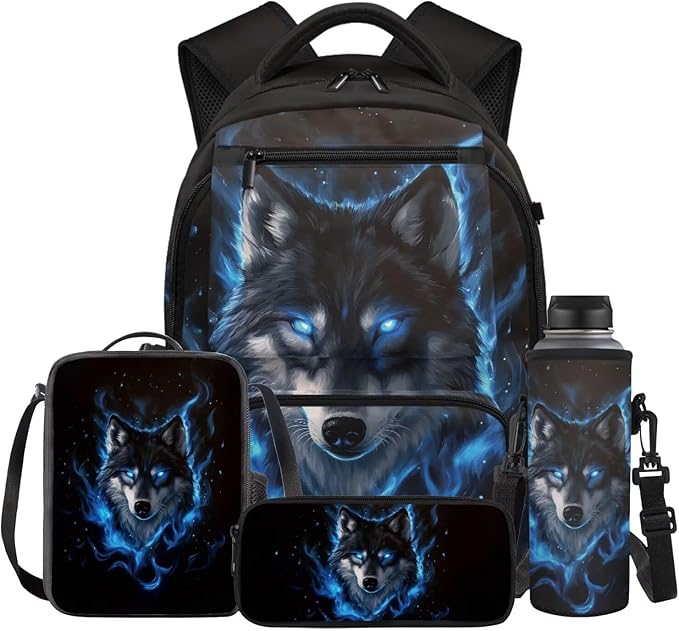 Cool Wolf Backpack with Lunchbox for School Boys Bookbag 4-in-1 Set with Lunch Box Water Bottle Sleeve Pencil Case Back to School Supplies Birthday Present for Kids