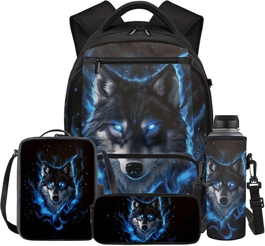 Cool Wolf Backpack with Lunchbox for School Boys Bookbag 4-in-1 Set with Lunch Box Water Bottle Sleeve Pencil Case Back to School Supplies Birthday Present for Kids