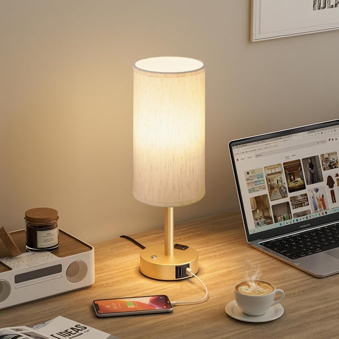 Touch Bedside Table Lamp with Memory - Stepless Dimmable Lamp for Bedroom, Small Nightstand Lamp with Dual USB Charging Ports and AC Outlet, Wood Night Light, Desk Lamp for Nursery (Cream & Gold)