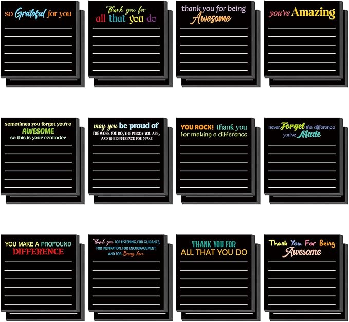 Yinder 24 Pcs Inspirational Sticky Notes Thank You Gift Motivational Sticky Note Pad Employee Appreciation Gift Bulk for Staff Coworker Teacher Nurse Office Groups 3 x 3'' (Thank You,Black)