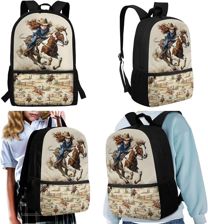 WELLFLYHOM Girls Western Cowgirl Backpack Set 6-8 Kids 4 Pcs Book Bag | Horse School Book Bag Lunch Box Pencil Case Water Bottle Sleeve Beige Elementary Daycare Bag for School Back to School Gift