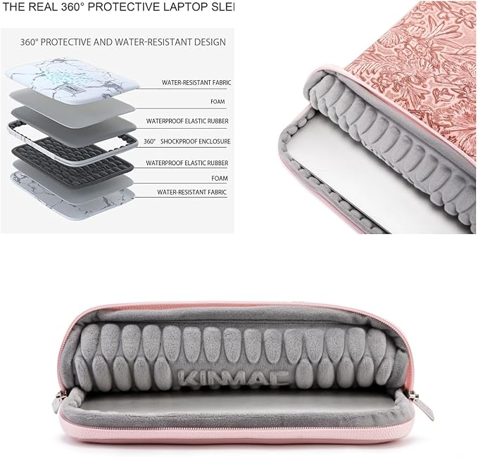 Kinmac Embossed PU Leather 360° Heavy Duty Protective Laptop Sleeve with Poacket (Pink Flower, 14 inch-14.6 inch)