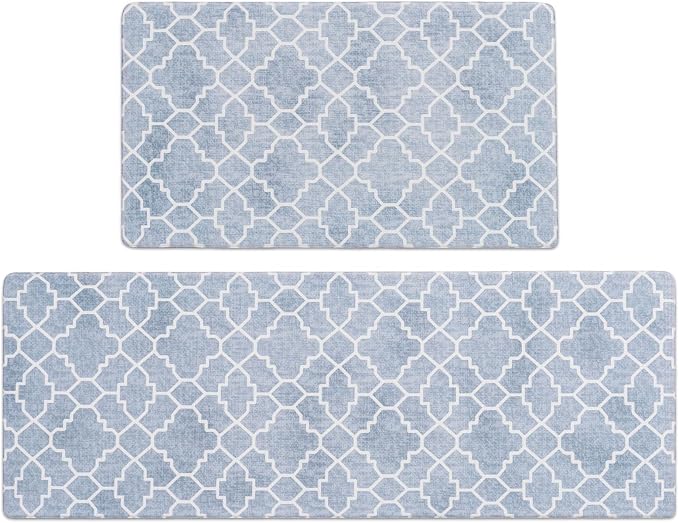 FRESHMINT Kitchen Mat Set of 2, Anti-Fatigue Cushioned Kitchen Mats for Floor, Waterproof Non Slip Comfort Standing Mat, Boho Kitchen Rug for Kitchen Decor, Sink, Office, 17"x30"+17"x47", Lake Blue