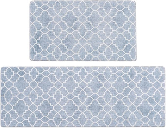 FRESHMINT Kitchen Mat Set of 2, Anti-Fatigue Cushioned Kitchen Mats for Floor, Waterproof Non Slip Comfort Standing Mat, Boho Kitchen Rug for Kitchen Decor, Sink, Office, 17"x30"+17"x47", Lake Blue