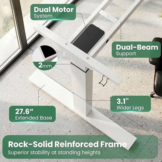 SIAGO Dual Motor Standing Desk Frame for Tops up to 75" - White Frame Only | 280 lbs Capacity Adjustable Workstation Legs with 3 Memory Presets, Power Strip and Cable Management Tray