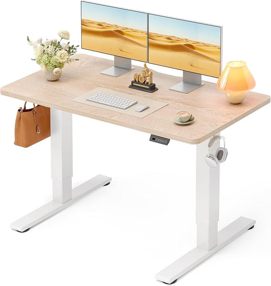 CubiCubi Electric Standing Desk 48 x 24 Inch, Height Adjustable Sit Stand Desk with Memory Presets, Splice Desktop Computer Desk for Home Office, White Frame/Nature Top