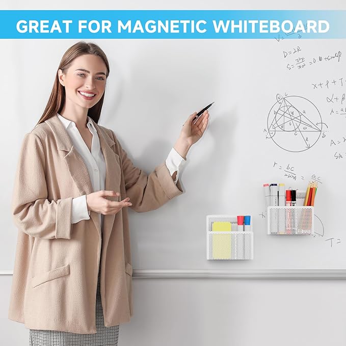 Marbrasse Magnetic Dry Erase Marker Holder, Mesh Pen Holder for Whiteboard，Magnet Pencil Organizer Storage for Refrigerator Locker Accessories Organizer for Home, School and Office(White 4p)