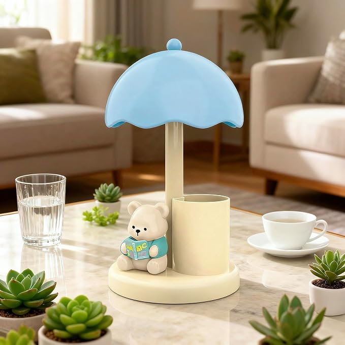 Cute Bear Desk Lamp with Pen Holder, 2-in-1 Kids Table Lamp Organizer, LED Bedside Lamp with USB Charging Port for Bedroom Study Room, 500 mAh, Rechargeable Lighting Decor for Boys Girls