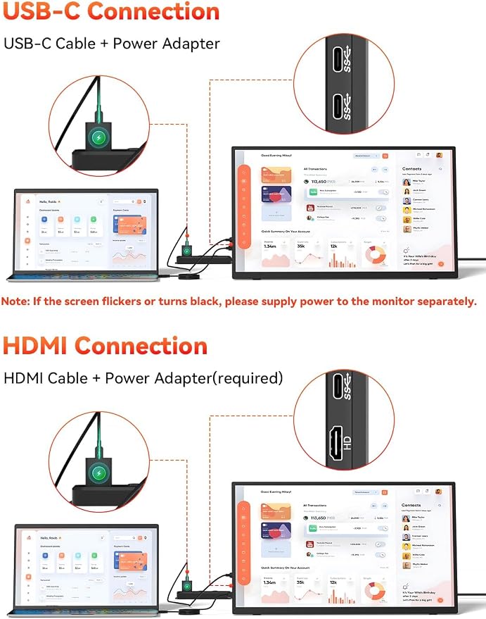 HotYeah 23.8" 100Hz Portable Monitor, 1080P FHD 100% sRGB IPS USB-C HDMI Large External Monitor, Home Gaming 2nd Screen w/180° Adjustable Kickstand for MacBook, Laptop, PC, Phone, Tablet, Switch, PS5