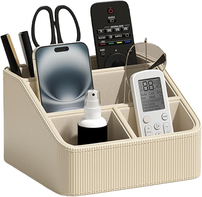 Buqoo Coffee PU Leather Desk Organizer with Gold Accents | 4-Compartment Remote Holder & Stationery Caddy for Office/Nightstand (6.89in×6.69in×3.94in)