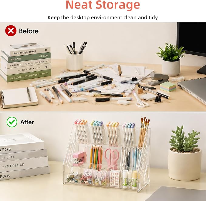 Acrylic Pen Pencil Holder for Desk With 15 Compartment Desk Organizers and Accessories,Durable Material Can Hold Pen Brush Cosmetic Scissor Clip Tape staplers Fit Home Office School(3 Tier)