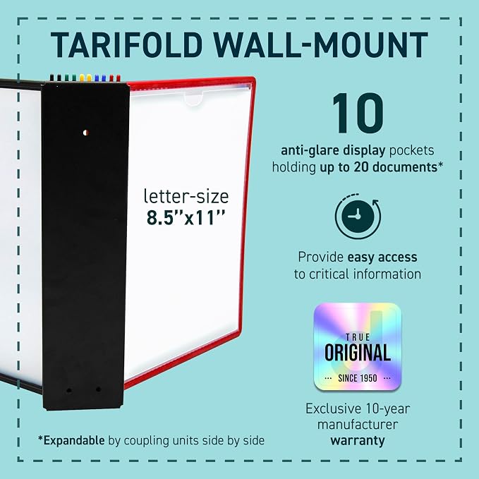 Tarifold Wall Mount Reference System for Letter Size Documents, 10 Double-Sided Pockets, 20 Sheet Capacity, Easy Load Design, Durable Polypropylene, Made in Denmark, Assorted Colors