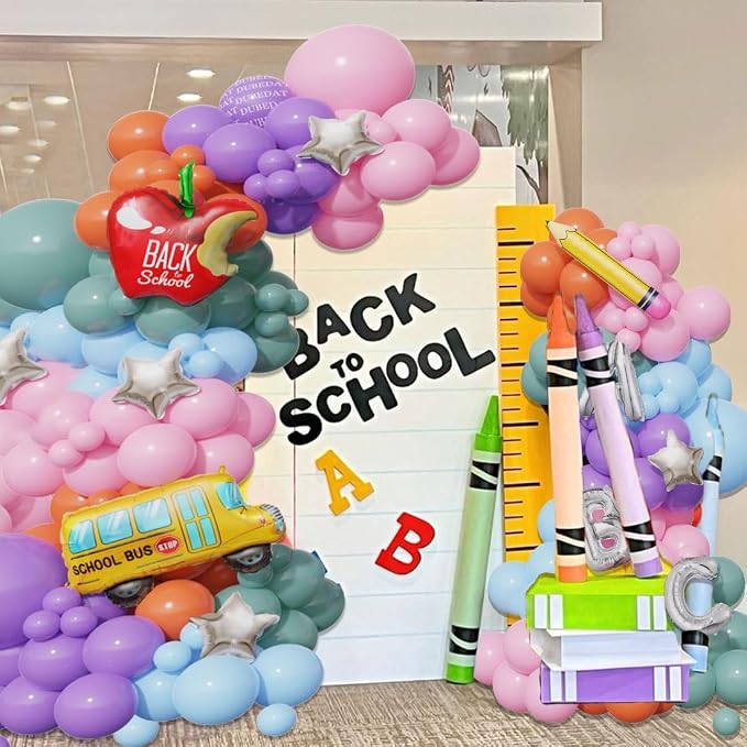 Back to School Balloon Arch Kit,Retro pink purple green Balloons Pencil Apple Bus ABC Foil Balloons for Welcome Back To School Classroom Party First Day of School Kindergarten Decorations