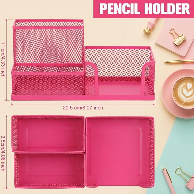Ferraycle 4 Pcs Mesh Desk Organizer 3 Compartments Mesh Pen Holder Sticky Notes Pencil Holder Metal Caddy Desk Pen Organizer for Desktop Accessories Storage Baskets Home Office School(Pink)