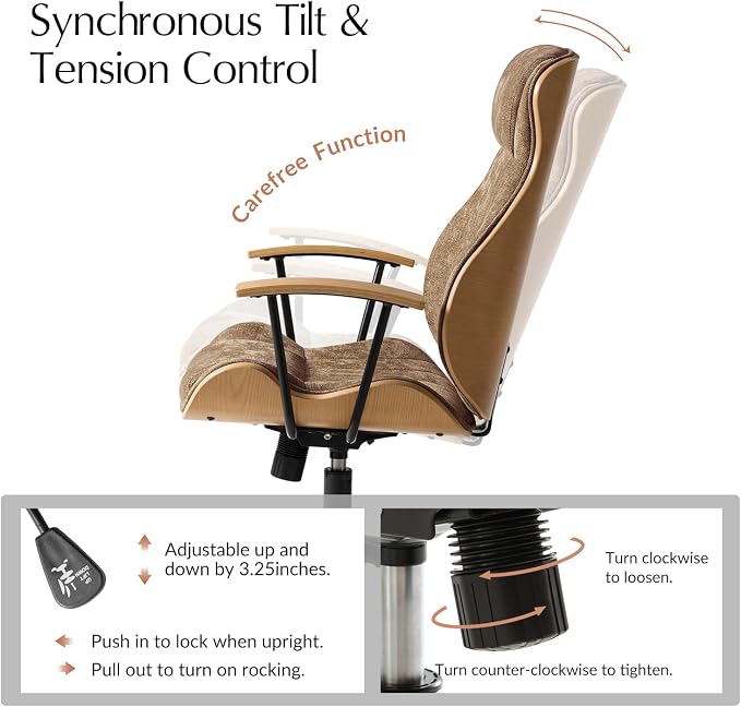 HULALA HOME Solid Wood Office Chair with High Backrest, Camel | Mid Century Modern Bentwood Desk Chair with Tilt Function, Swivel Fabric Computer Task Chair, Height Adjustable, Metal Base