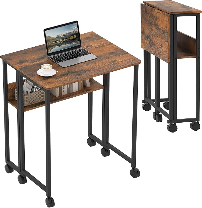 Folding Desk with Storage Shelf, 24.8 Inch Foldable Computer Table with Wheels for Small Spaces,Space Saving Sofa Table for Couch, Rolling Writing Work Office Computer Desk, Easy to Fold,Walnut